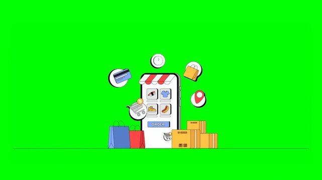 2D Illustration of Mobile Phone Showing Online Shopping Interface Surrounded by Shopping Bags, Parcel Boxes, Credit Cards, Location Markers on Green Background.