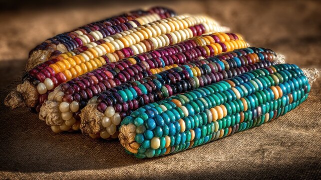 Multiple ears of multicolored dried kernels displayed diagonally on a textured fabric surface