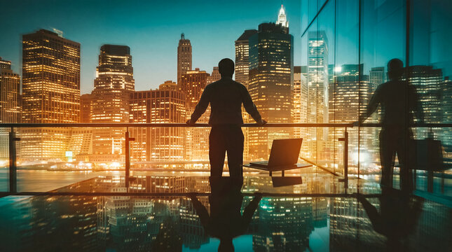 Confident businessman observing a vibrant city skyline from a high-rise office balcony at night.