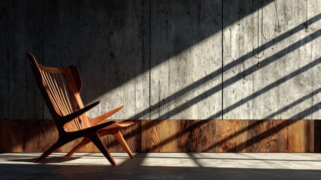 Wooden lounge chair rests against a textured wall illuminated by strong directional sunlight casting parallel shadows.