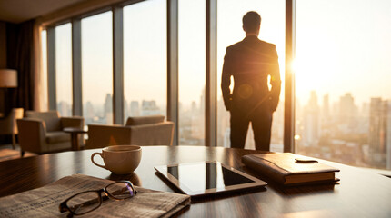 Confident businessman observing the vibrant city skyline at sunrise from a luxurious office. © Julie