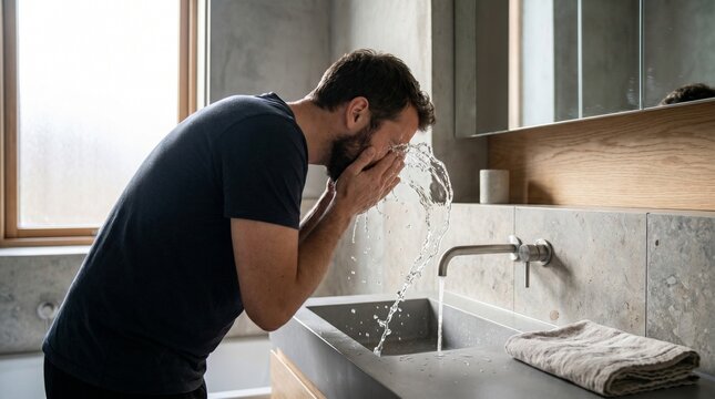 Man washing his face in a modern bathroom with running water