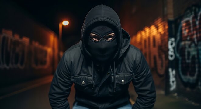 Hooded figure in a balaclava stares intently in a dimly lit, graffiti-covered alley