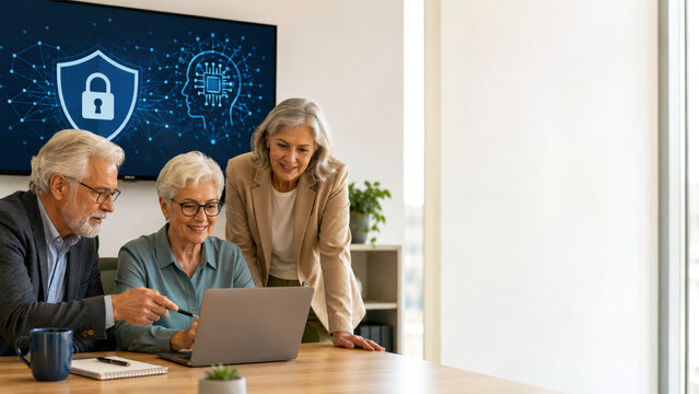 Drei &auml;ltere Kollegen besprechen digitale Inhalte an einem Laptop. Im Hintergrund stehen Symbole f&uuml;r Datensicherheit und k&uuml;nstliche Intelligenz. Geeignet f&uuml;r Themen wie Cybersecurity, digitale Transfor