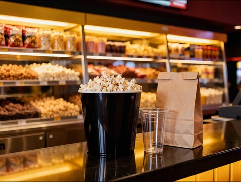 Popcorn bucket with paper bag and plastic cup on cinema concession stand counter for movie theater snack bar advertisement