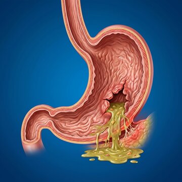 Stomach with Perforated Ulcer: A dramatic, detailed view of the stomach wall showing a clear, deep hole (perforation) where a gastric ulcer has fully breached the wall, leading to leakage. Blue backgr