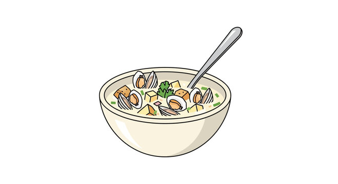 Creamy Clam Chowder Soup with Potatoes and Parsley in Bowl with Spoon