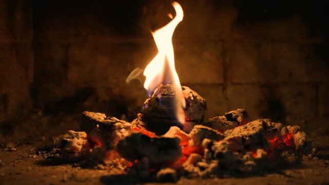 The Real Flames of Burning Logs in a Fireplace. Cozy Atmosphere. A Video for Meditation, Background, or Screensaver for a TV or LCD Panel. Relaxing Fire