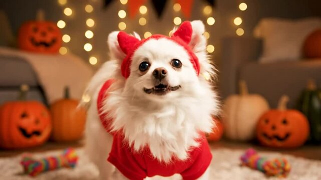 Cute white chihuahua dog in devil costume smiling and looking at camera with Halloween pumpkins in background