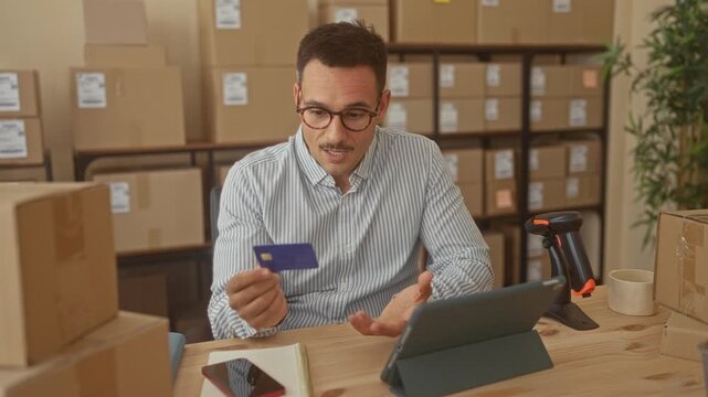 Hispanic man holding creditcard and gesturing toward tablet at warehouse packing desk with barcode scanner, stacked boxes, notebook and coffee mug visible; focused ecommerce.