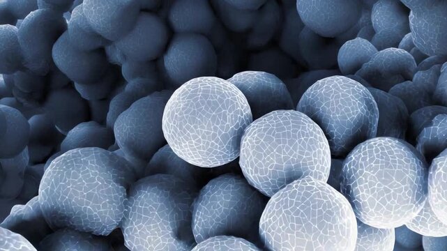 Microscopic bacteria cells appearing as spherical structures are forming a chain and cluster, embodying concepts of science, biology, microbiology, and infection on a nano level