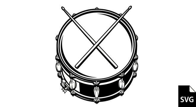 Drum with crossed drumsticks, vector illustration, black and white