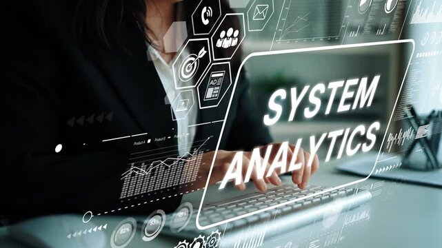 Business Professional Engaged in System Analytics with Creative Digital Interface Overlay Displaying Data Elements and Graphs. Asymptotic smart data analytic.