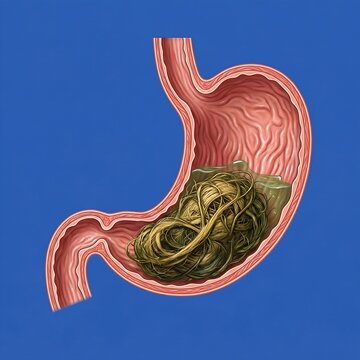 Stomach with Bezoar Formation: A detailed internal view of the stomach containing a large, tangled, and compact mass of undigested material (hair or vegetable fiber), symbolizing a bezoar that is caus