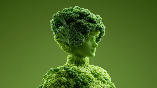 Green broccoli head sculpture with leafy texture and human face on green background