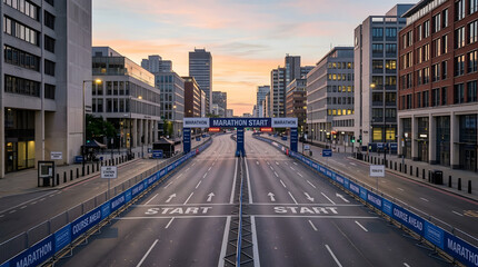 Fototapeta premium Empty city street prepared for marathon start at sunrise with blue banners and start line markings