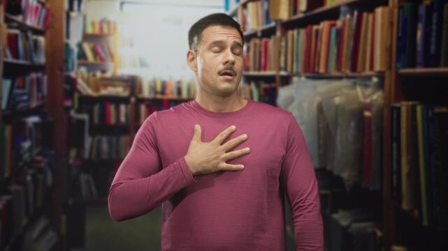 Man with hand on chest gesturing surprise in a building bookstore aisle lined with books and garment bags; surprise sincerity.