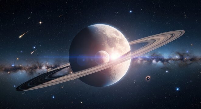 A ringed planet with a moon against a backdrop of stars, nebulae and meteoroids
