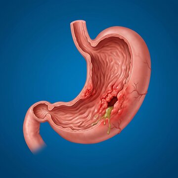 Stomach with Perforated Ulcer: A dramatic, detailed view of the stomach wall showing a clear, deep hole (perforation) where a gastric ulcer has fully breached the wall, leading to leakage. Blue backgr