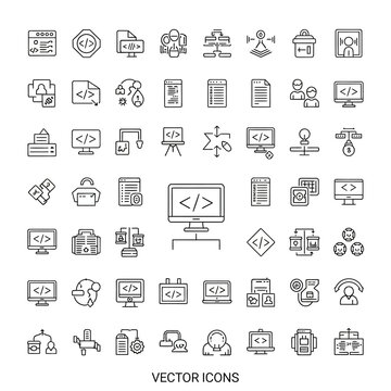 Vector icons for coding and software development.