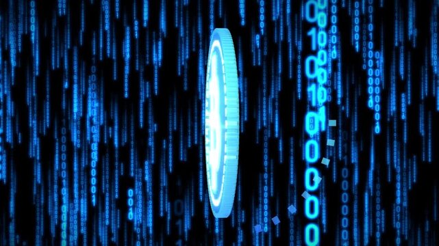 Rotating Cryptocurrency Bitcoin and Matrix Binary Code in Background
