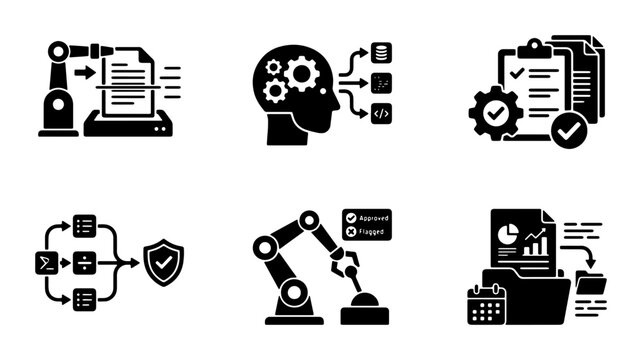 Automation Icons, Robotic Process Automation, Workflow Management, Data Processing, AI Machine Learning, Business Process Icons, Vector Set