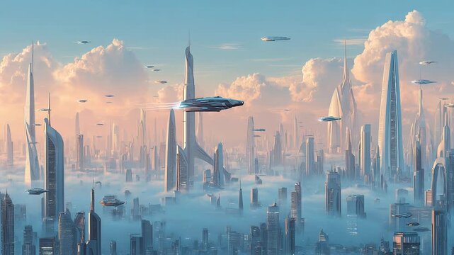 Futuristic city skyline panorama with skyscrapers, towers and flying vehicles, 3D megacity scene, panoramic urban view against sky background