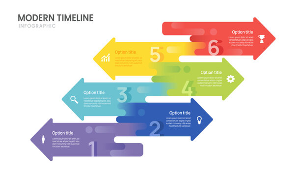 Infographics business timeline 6 arrow steps diagram to success template. presentation and icon vector illustration.