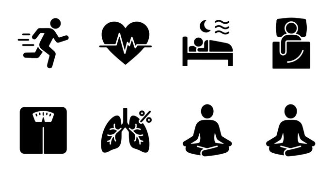 Health and Wellness Icons Set: Running, Heartbeat, Sleep, Weight Scale, Lungs, Meditation, Vector Graphics for Lifestyle and Medical Concepts