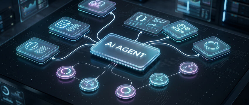 futuristic ai agent interface connected to cloud database coding and automation modules with glowing neon workflow lines, visualizing artificial intelligence systems and digital networks