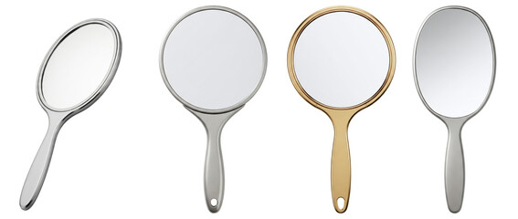 Four different handheld vanity mirrors, round and oval, with reflective surfaces isolated on a transparent background. © LifePNG