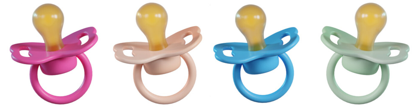 Colorful collection of baby pacifiers with soft silicone nipples, essential for infant care and comfort.