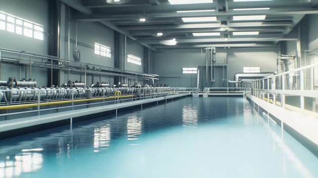Water filtering through a modern industrial facility, preparing clean resources for urban consumption and public utility services in a large scale manufacturing environment