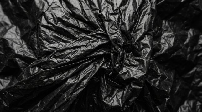Close up texture of crumpled black plastic bag surface. Abstract dark polyethylene material background with wrinkles and folds. Concept of pollution, waste management, recycling