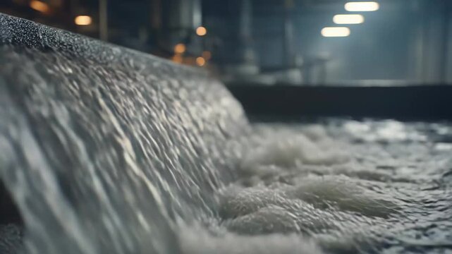 Water continuously flowing and bubbling in a large industrial setting, highlighting processes of purification, recycling, and environmental treatment within a facility