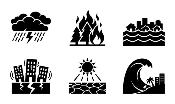 Disaster Icons Set: Storm, Fire, Flood, Earthquake, Drought, Tsunami, Natural Calamity Symbols, Emergency Warning Graphics, Crisis Management