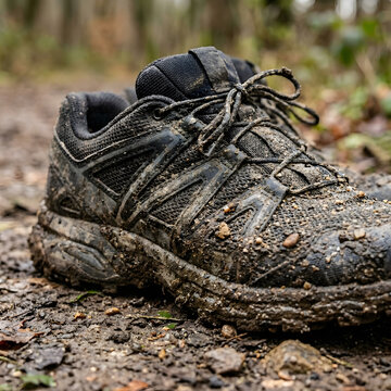 Side view of a dirty black hiking shoe covered in mud on a forest trail