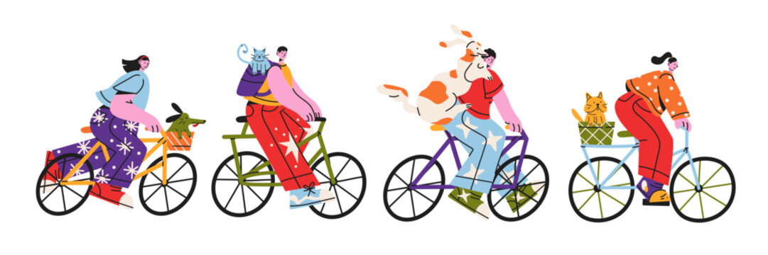 Characters cycling with pets retro cartoon style. Female bicycle riders with cats and dogs in baskets, colorful urban transport and active lifestyle characters, cute city cycling collection