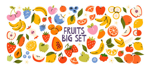 Big fruits set in retro cartoon style. Banana, orange, lemon, strawberry, colorful juicy elements, tropical vibe, 90s freshness aesthetic, illustration in retro cartoon style, trendy stickers © Limpreom