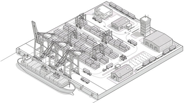 Isometric Container Port and Terminal &ndash; Ship-to-Shore Cranes, Yard Stacker, Storage Rows, Gate
