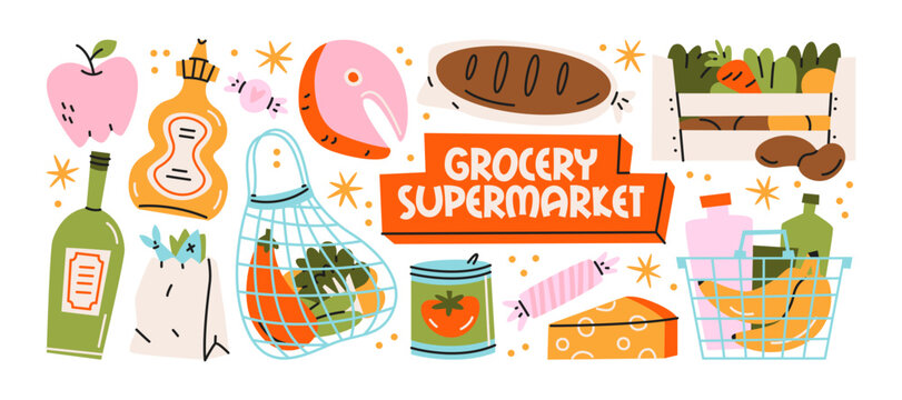 Grocery supermarket food stickers retro cartoon style. Bread, vegetables, cheese, shopping basket, grocery bag and market products, fresh farm groceries and supermarket shopping collection graphics