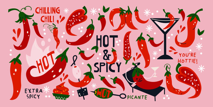 Hot chili pepper stickers in retro cartoon style. Spicy red peppers, cocktail glass, hot sauce, typography, sliced chili and funny food elements. Mexican spicy food graphics, fiery pepper shapes