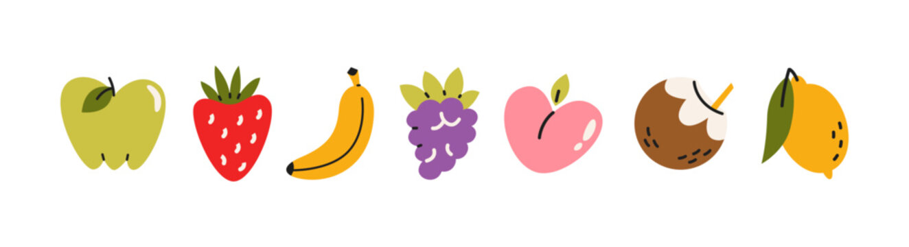 Fruits stickers in retro cartoon style. Apple, strawberry, banana, grape, peach, coconut and lemon isolated on white background. Cute healthy food elements, tropical fruit shapes