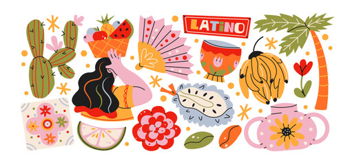 Obraz premium Latino tropical culture stickers retro cartoon style. Banana, cactus, watermelon, palm tree, exotic flowers and latin american symbols, colorful summer fiesta and tropical travel collection