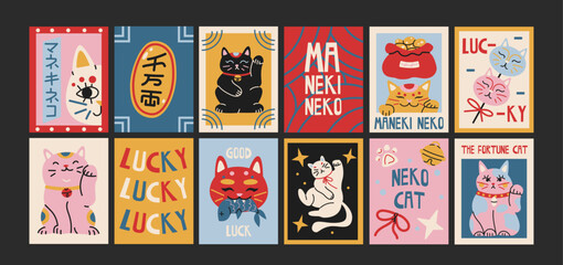 Lucky cats posters in retro cartoon style. Japanese fortune symbols, coins, fish, bows and talisman elements. Good luck charm collection, asian mascot set. Traditional good luck figurine © Limpreom