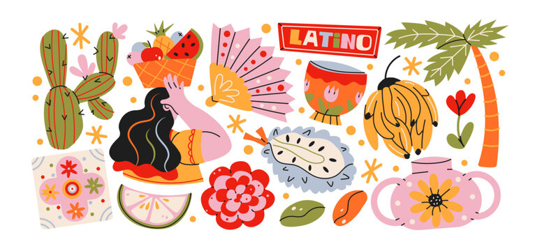 Latino tropical culture stickers retro cartoon style. Banana, cactus, watermelon, palm tree, exotic flowers and latin american symbols, colorful summer fiesta and tropical travel collection