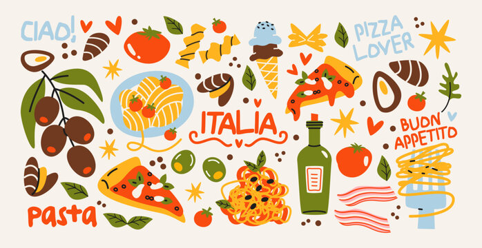 Italian food and culture stickers set in retro cartoon style.La dolce vita food and drink: pizza, pasta, wine, tomato. Illustration in funky, doodle style, trendy labels set.