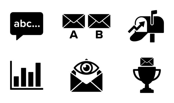 Email Marketing Icons Set: Analytics, A/B Testing, Mailbox, Trophy, Communication, Data Visualization, 6 Vector Elements
