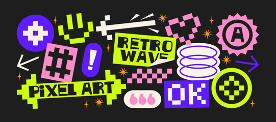 Y2K pixel stickers in retro cartoon style. Neon symbols, retro wave icons, labels, pixel hearts, gaming buttons and cyber shapes, futuristic internet aesthetic and digital techno collection © Limpreom