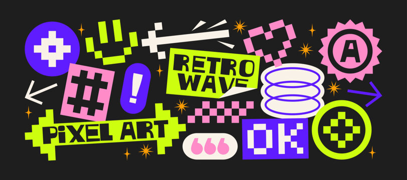 Y2K pixel stickers in retro cartoon style. Neon symbols, retro wave icons, labels, pixel hearts, gaming buttons and cyber shapes, futuristic internet aesthetic and digital techno collection